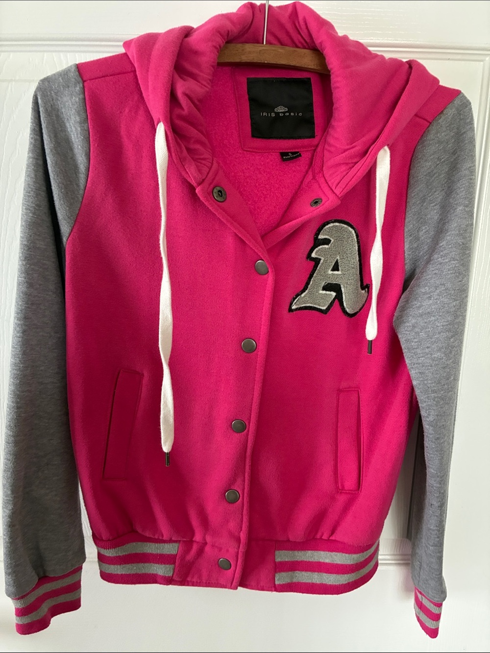 IRIS Basic Pink & Gray Varsity Hooded Jacket Letter A Patch Size S